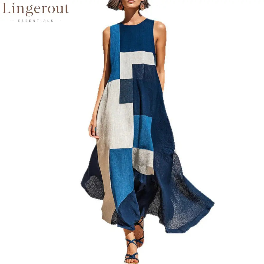 Geometric Color Block Sleeveless Vacation Maxi Dress