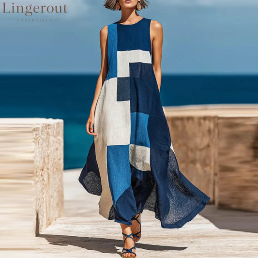 Geometric Color Block Sleeveless Vacation Maxi Dress