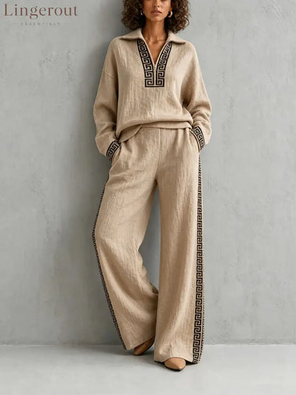 European And American Linen Print Suit For Women Half-Lapel Collar Long-Sleeved Top Side Stripes Wide-Leg Pants