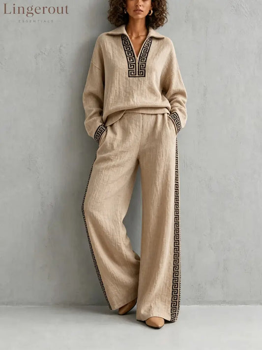 European And American Linen Print Suit For Women Half-Lapel Collar Long-Sleeved Top Side Stripes Wide-Leg Pants