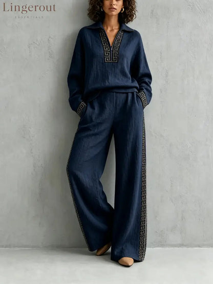 European And American Linen Print Suit For Women Half-Lapel Collar Long-Sleeved Top Side Stripes Wide-Leg Pants