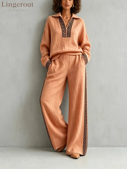 European And American Linen Print Suit For Women Half-Lapel Collar Long-Sleeved Top Side Stripes Wide-Leg Pants