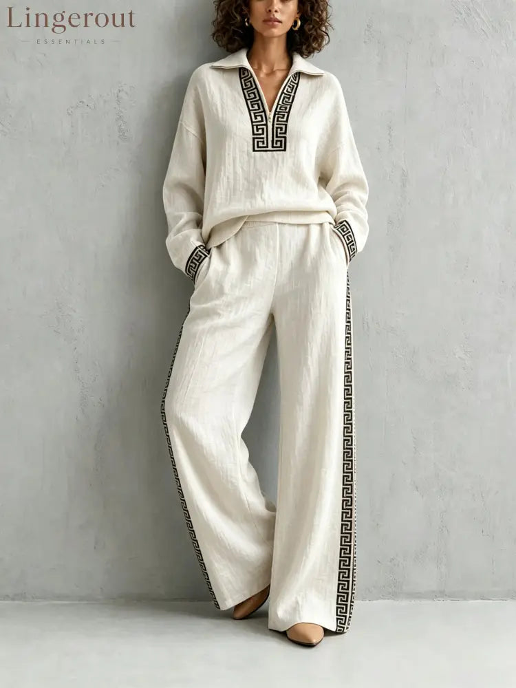 European And American Linen Print Suit For Women Half-Lapel Collar Long-Sleeved Top Side Stripes Wide-Leg Pants