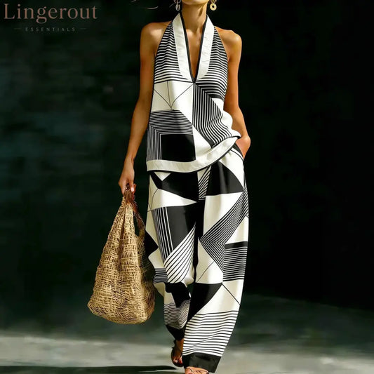 Geometric Print Halter V-Neck Sleeveless Top & Wide Leg Pants Two Piece Set