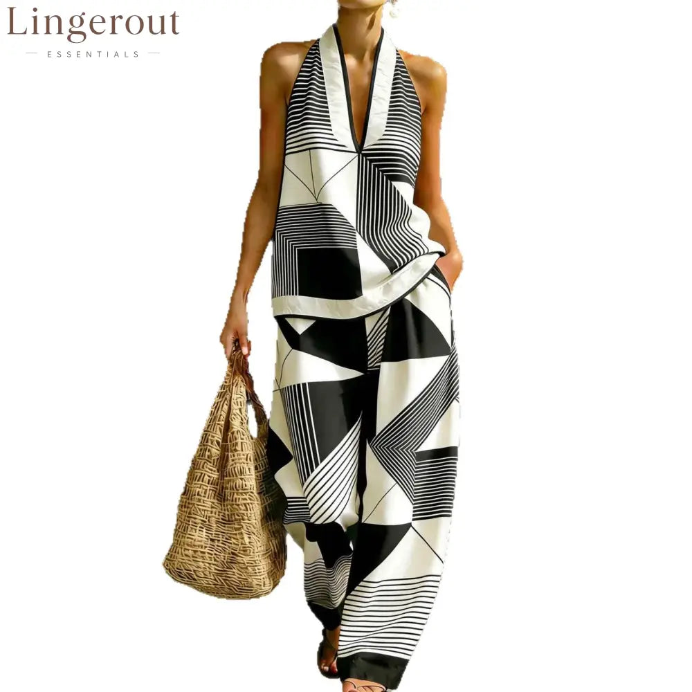 Geometric Print Halter V-Neck Sleeveless Top & Wide Leg Pants Two Piece Set
