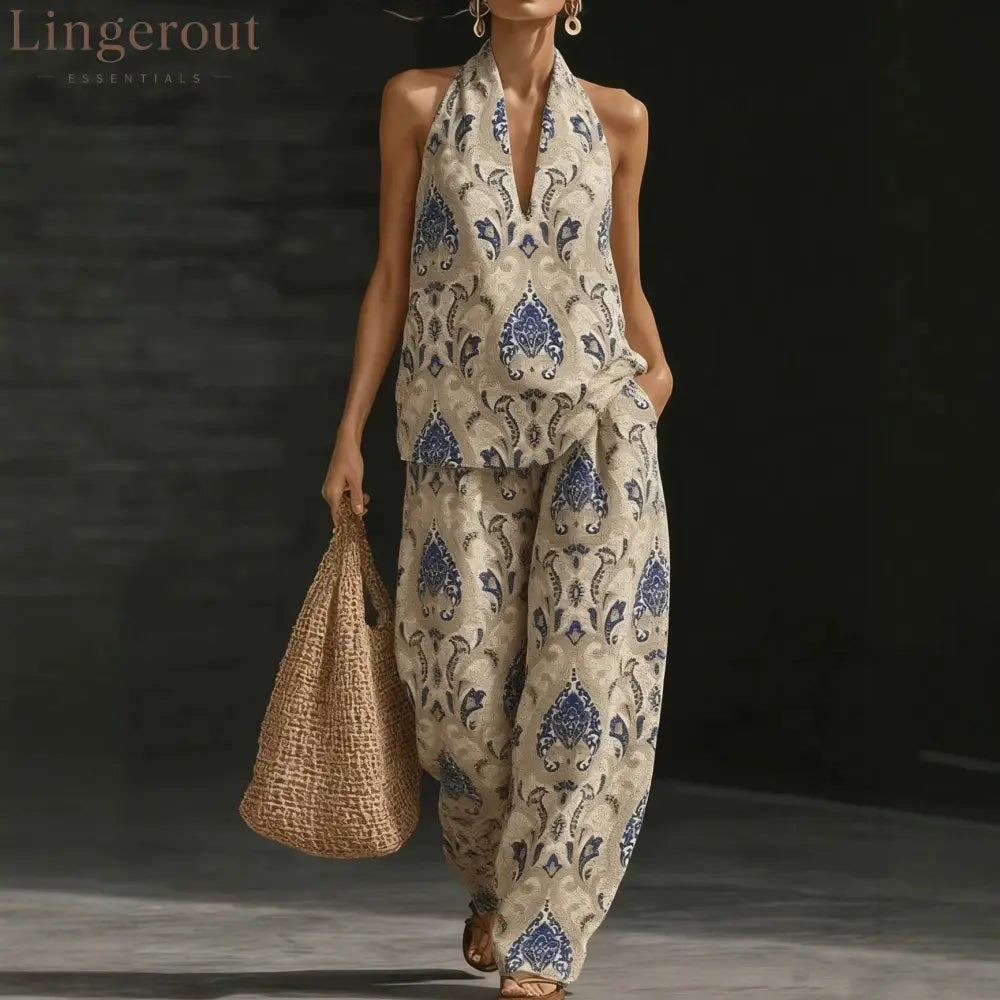 Geometric Print Halter V-Neck Sleeveless Top & Wide Leg Pants Two Piece Set - Khaki ethnic style / S