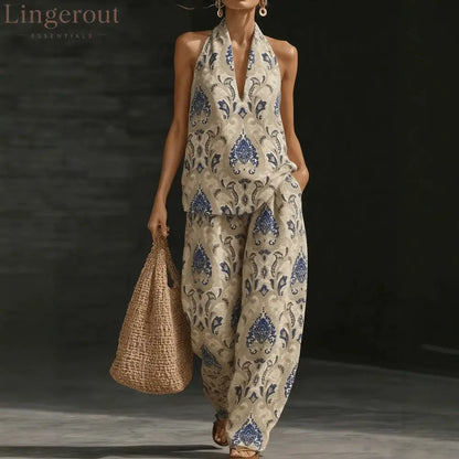 Geometric Print Halter V-Neck Sleeveless Top & Wide Leg Pants Two Piece Set - Khaki ethnic style / S