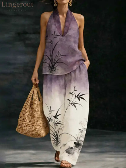 Geometric Print Halter V-Neck Sleeveless Top & Wide Leg Pants Two Piece Set - Purple ink gradient / S