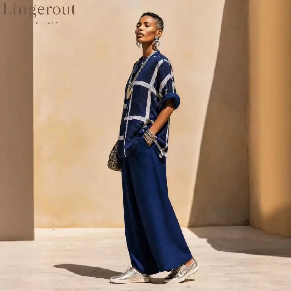 Geometric Print Linen Two Piece Shirt & Wide Leg Pant Set