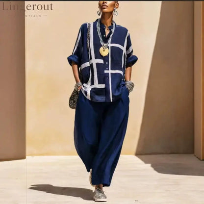 Geometric Print Linen Two Piece Shirt & Wide Leg Pant Set