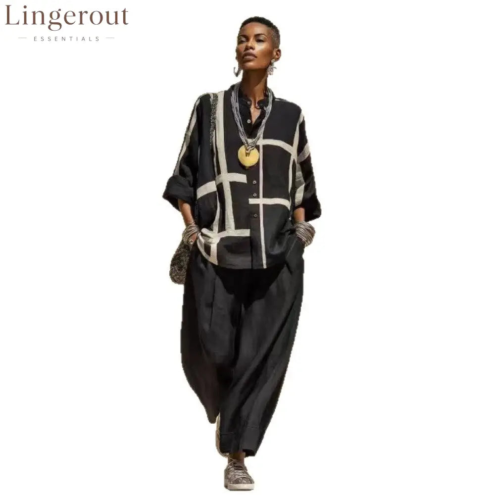 Geometric Print Linen Two Piece Shirt & Wide Leg Pant Set