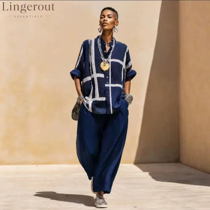Geometric Print Linen Two Piece Shirt & Wide Leg Pant Set