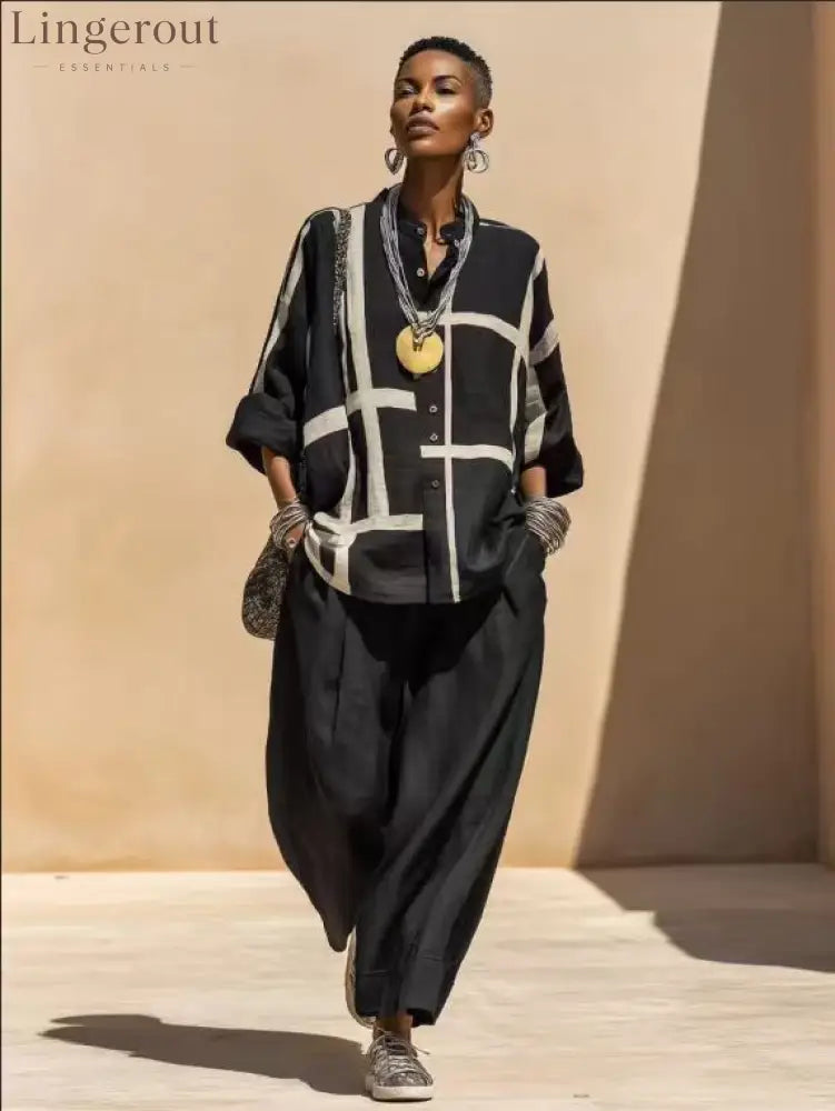 Geometric Print Linen Two Piece Shirt & Wide Leg Pant Set - Black / S