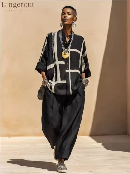 Geometric Print Linen Two Piece Shirt & Wide Leg Pant Set - Black / S