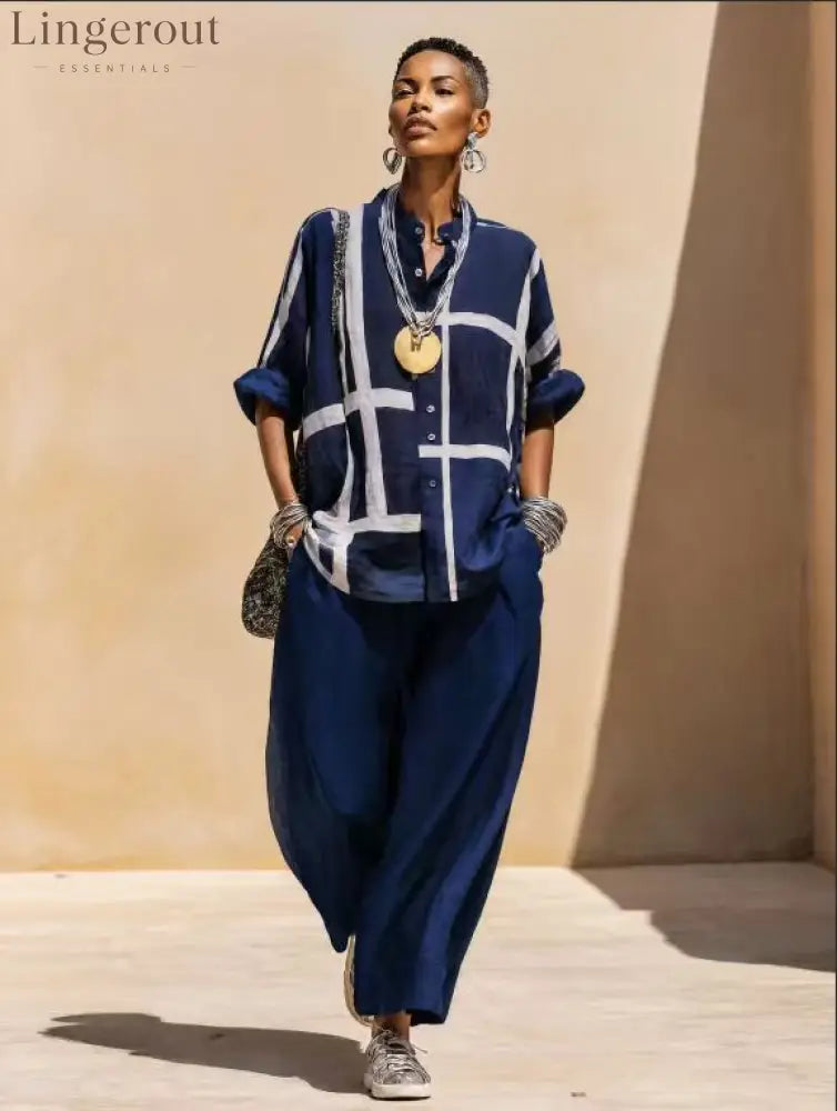 Geometric Print Linen Two Piece Shirt & Wide Leg Pant Set - Blue / S