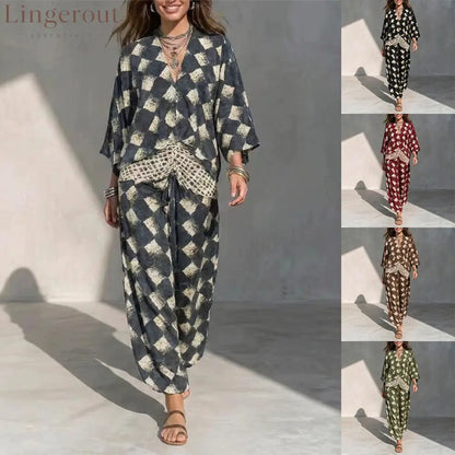 Geometric Print V‑Neck Kimono Sleeve Top & Wide‑Leg Pants Two‑Piece Set