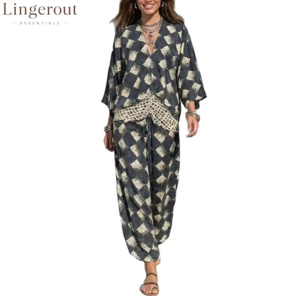 Geometric Print V‑Neck Kimono Sleeve Top & Wide‑Leg Pants Two‑Piece Set