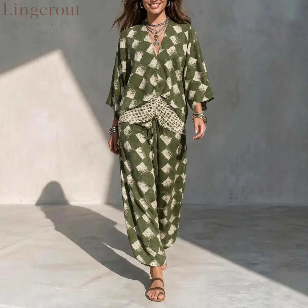 Geometric Print V‑Neck Kimono Sleeve Top & Wide‑Leg Pants Two‑Piece Set - army green / XS
