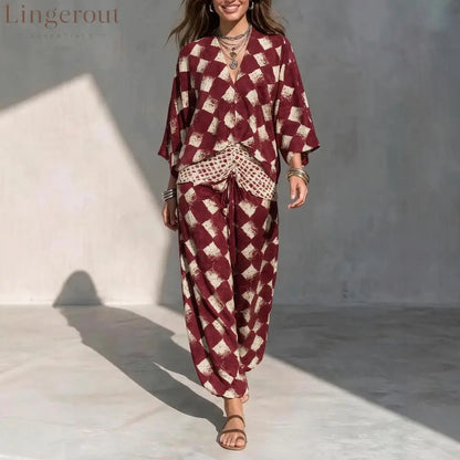 Geometric Print V‑Neck Kimono Sleeve Top & Wide‑Leg Pants Two‑Piece Set - burgundy / XS