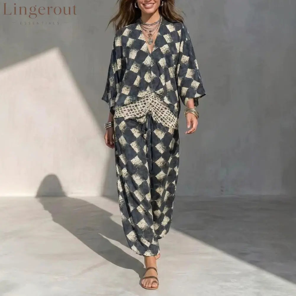 Geometric Print V‑Neck Kimono Sleeve Top & Wide‑Leg Pants Two‑Piece Set - navy blue / XS