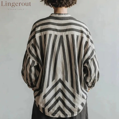 Geometric Stripe Half Placket Linen Blend Blouse