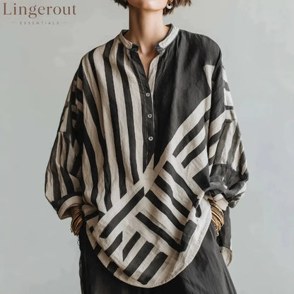 Geometric Stripe Half Placket Linen Blend Blouse - Black / S