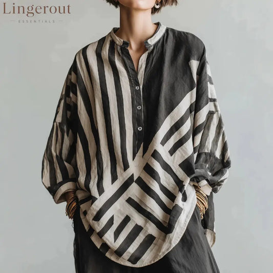 Geometric Stripe Half Placket Linen Blend Blouse - Black / S