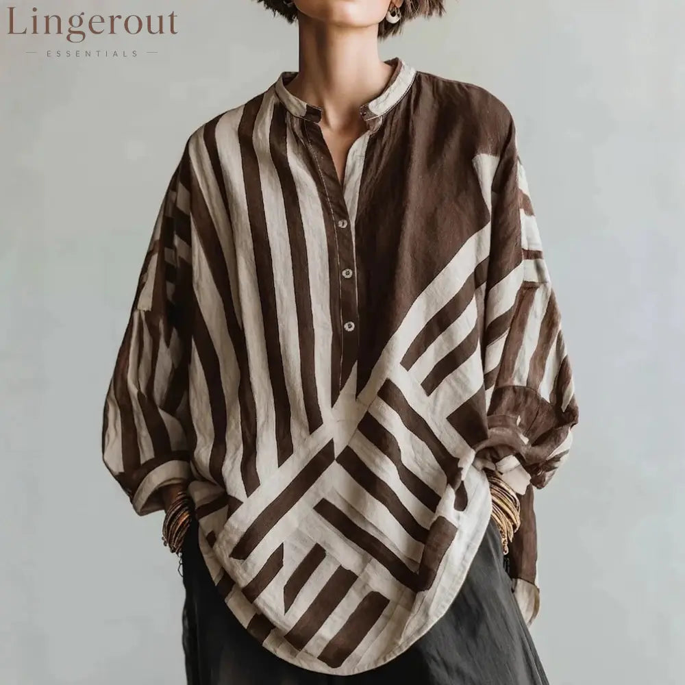 Geometric Stripe Half Placket Linen Blend Blouse - Brown / S