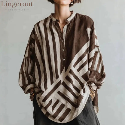Geometric Stripe Half Placket Linen Blend Blouse - Brown / S