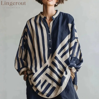 Geometric Stripe Half Placket Linen Blend Blouse - Navy blue / S