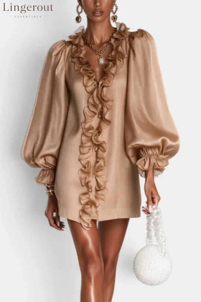 Glamorous Metallic Ruffle Trim V-Neck Mini Dress With Puff Sleeves