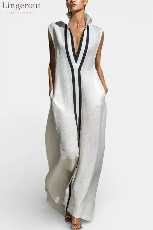 Graphic Sleeveless Maxi Jumpsuit with Contrasting Trim - white / S