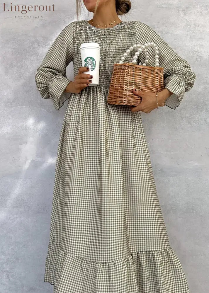 Green Check Round Neck Maxi Dress