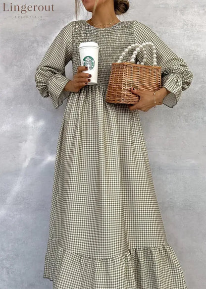 Green Check Round Neck Maxi Dress