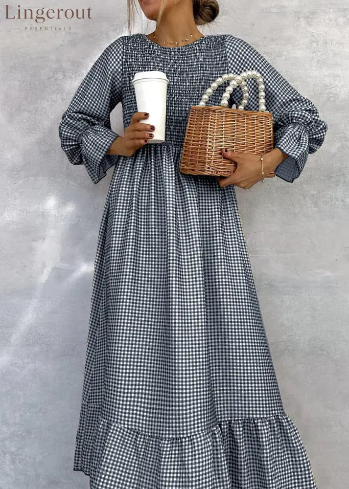 Green Check Round Neck Maxi Dress - Navy / S