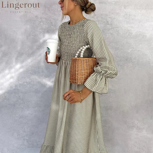 Green Check Round Neck Maxi Dress - Green / S