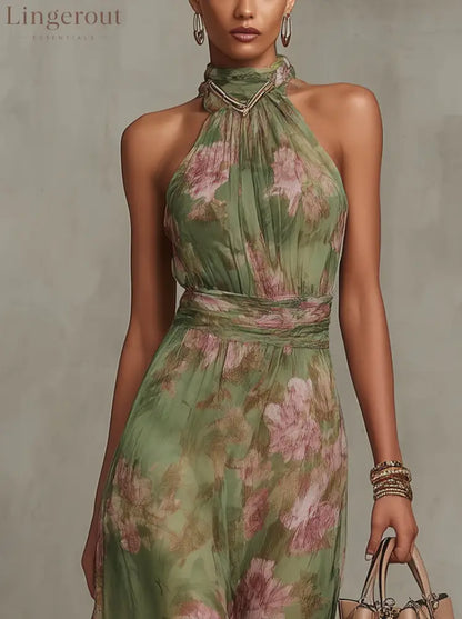 Green Floral Chiffon Halter Maxi Dress