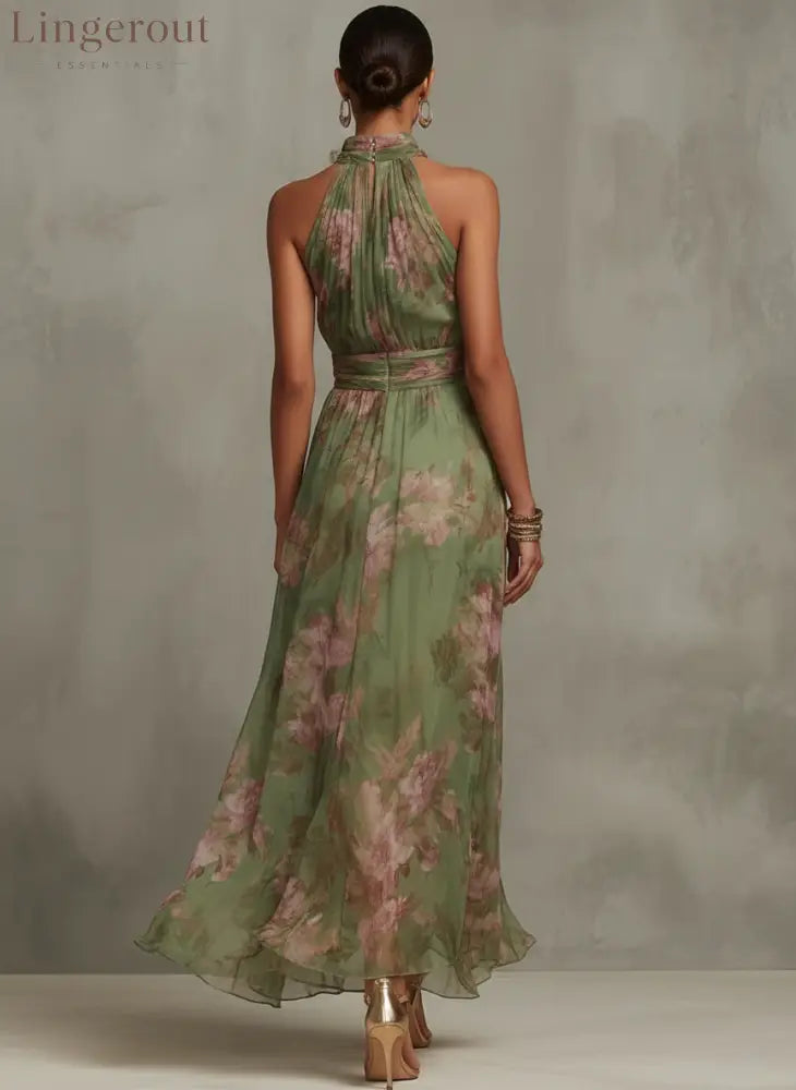 Green Floral Chiffon Halter Maxi Dress