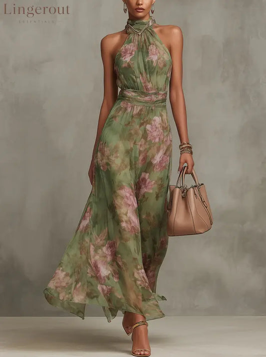 Green Floral Chiffon Halter Maxi Dress - Green / XS(2)