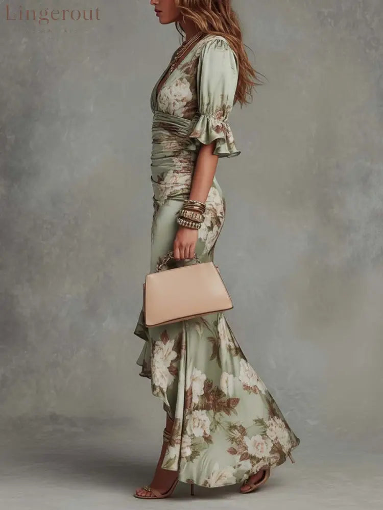 Green Floral Ruffled Bell Sleeve V-neck Satin Asymmetrical Maxi Dress