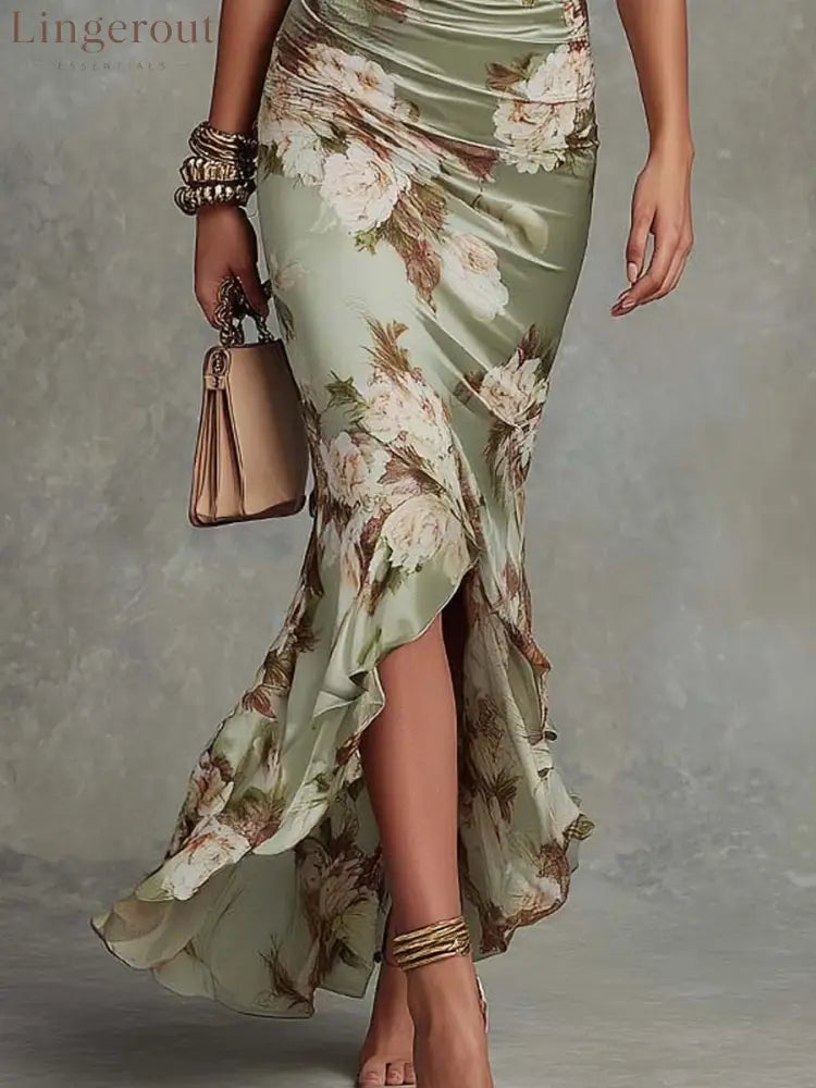 Green Floral Ruffled Bell Sleeve V-neck Satin Asymmetrical Maxi Dress