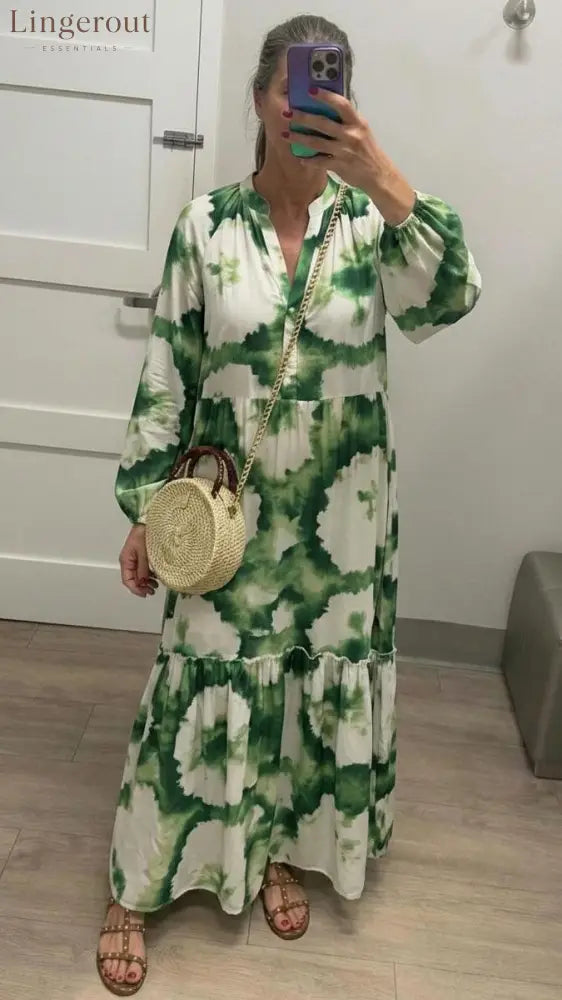 Green Long Sleeve V-Neck Maxi Dress