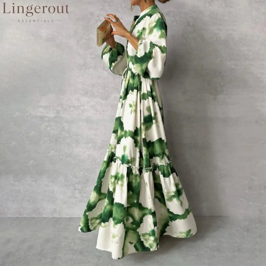 Green Long Sleeve V-Neck Maxi Dress - Green / S