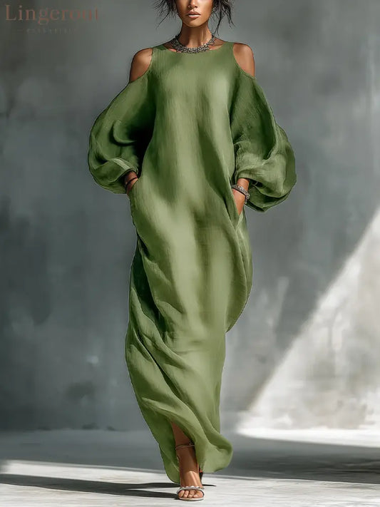 Green Off-shoulder Oversized Puff Sleeve Maxi Dress - Green / XS
