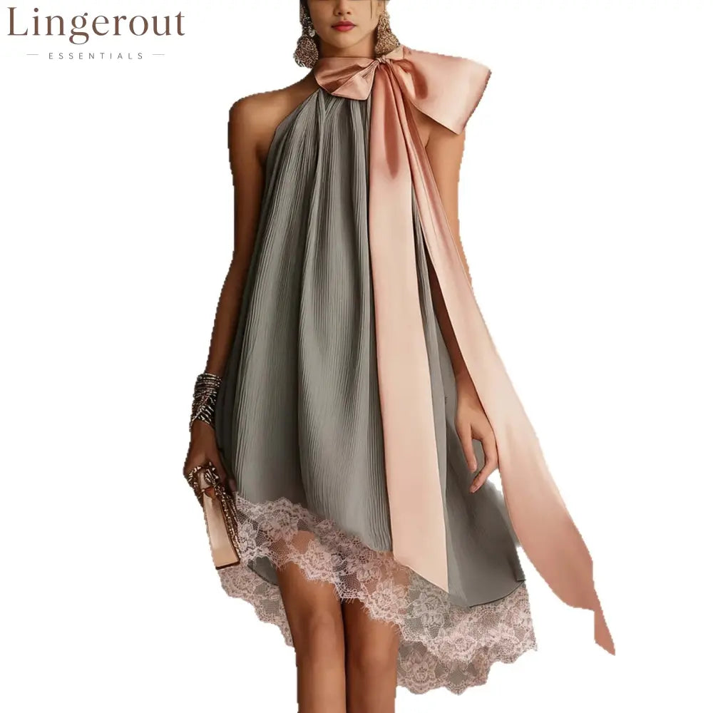 Grey Crinkle Halter Satin Big Bow Lace Hem Mini Dress