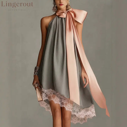 Grey Crinkle Halter Satin Big Bow Lace Hem Mini Dress