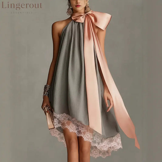 Grey Crinkle Halter Satin Big Bow Lace Hem Mini Dress