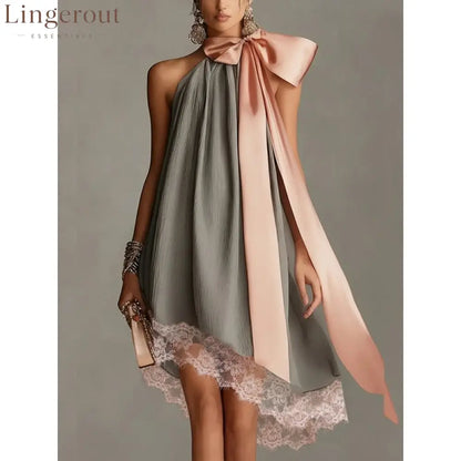 Grey Crinkle Halter Satin Big Bow Lace Hem Mini Dress - Picture color / S