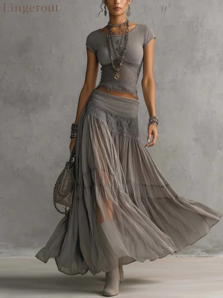 Grey Sheer Lace-Paneled Top and Pleated Maxi Skirt Set - Grey / XS(2)