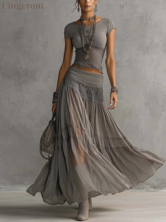Grey Sheer Lace-Paneled Top and Pleated Maxi Skirt Set - Grey / XS(2)